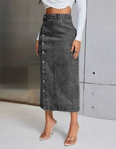 Black Button Denim long Skirt