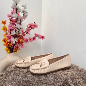 Beige Loafers with Bow Detail