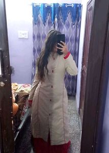 Beige &amp; Red Trim Traditional Kurti and skirt