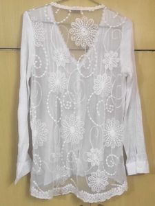 White Floral Lace Trim Button-Up Top