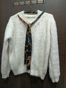 Fluffy White Sweater with Scarf Tie