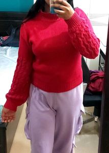 Jealous 21 Red Sweater Top With Patterns On Sleave