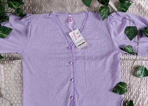 Lilac Ribbed Puff Sleeve Button-Down Top