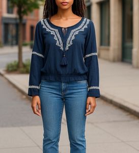 Hollister Navy Embroidered Blouse