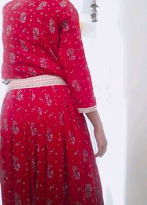 Red Floral Ethnic Skirt &amp; Top Set