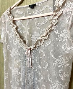Coquette Romantic Sheer Lace Ruffle Neck Blouse