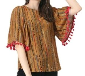 Woven Pattern Top with Flared Sleeves