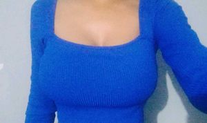 Blue Deep Neck Top With Full Sleeves