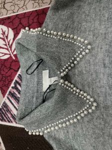 Gray Sweater with Pearl Detail