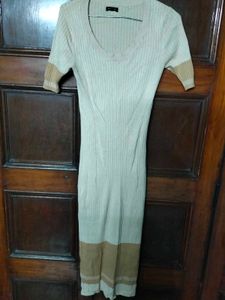 Beige Ribbed Knit Midi BodyCon Dress