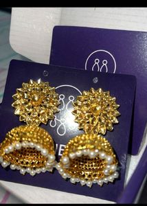 Gold Jhumka Earrings with pearl Detail