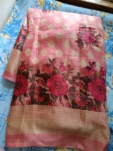 Beautiful Roses Printed Pink Banarasi Saree🌹💕