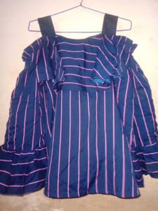 Striped Ruffle Cold Shoulder Top
