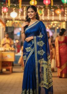 Elegant Blue Saree with Floral Design