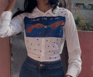 Pretty Handpainted White Crop Shirt With Back Knot