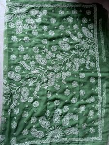 Unused Leaf Green Lukhnowi Work saree