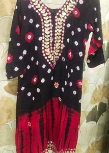 Black And Red Rayon Kurta Set With Dupptta