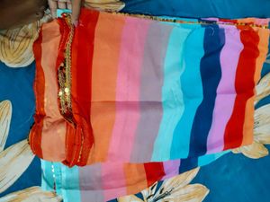 Colorful Striped Saree With Golden Zari Border