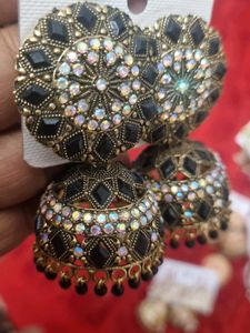 Black &amp; Gold Jhumka Earrings