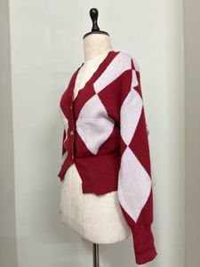 red Argyle Knit Cardigan