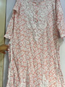 Peach Floral Printed Chikankari Embroidered Kurta