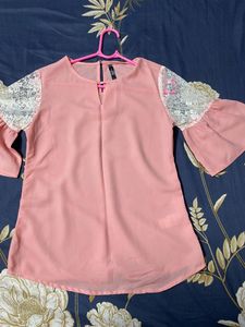 Pink Bell Sleeve Lace Accent Blouse