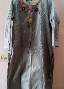 New Unused Silk Grey Embroidered Salwar Kurta