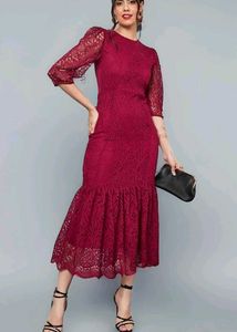 Burgundy Lace Bodycon Midi Dress