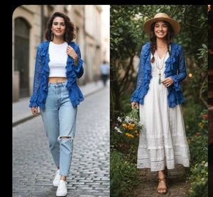 Ruffle Detailed Blue Lace Cardigan