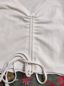 White Crop Top With From Ribbed And Tie