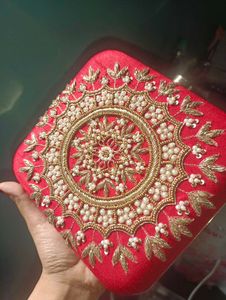Red And Gold Toned Hand Embroidered Clutch