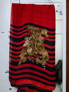 Red & Blue Soft Chiffon Saree With Running Blouse