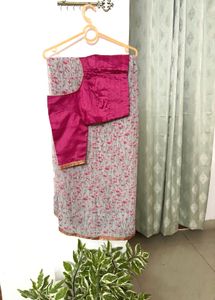 Pink Floral Print Saree with stitched blouse
