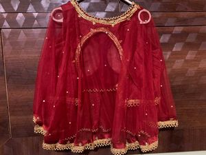 Red &amp; Gold Embellished Blouse And Golden Skirt
