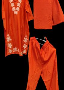 Elegant rust orange Embroidered Kurta Set