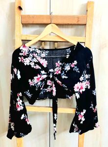 Black Printed Cotton Crop Top Size-28-30