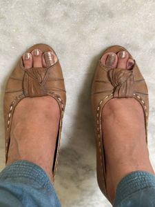 Stylish Peep Toes Beige Colour Leather Wedges