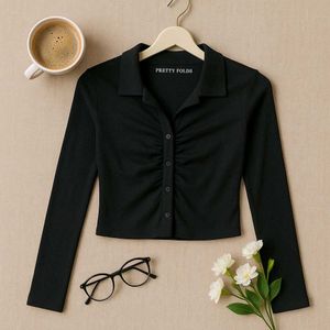 Stylish Black Ruched Button-Down Crop Top