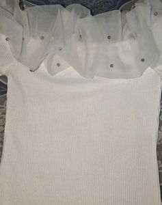 White Ribbed Top with Mesh Detail