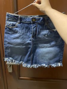 Denim Mini Skirt with Frayed Hem