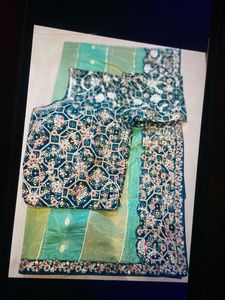 Embroidered Teal Indian Saree with Blouse