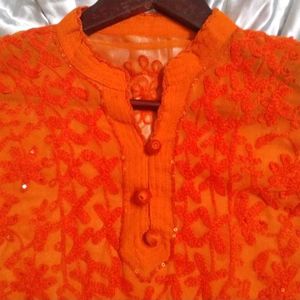 Orange Embroidered Mesh Top