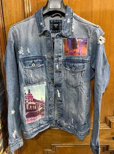 NUON PRINTED DISTRESSED BLUE  DENIM JACKET