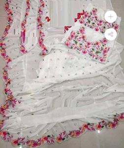 Stylish White Georgette Ruffle Saree Brand New