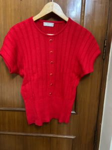 Red Buttoned-Down Knit Top