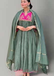 Green & Pink Embroidered Anarkali Suit