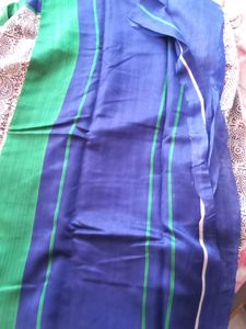 cotton blend, cream saree with blue print and blue and green border, new with blouse piece attached