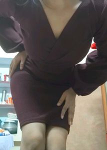 Burgundy V-Neck Dress with Bell Sleeves