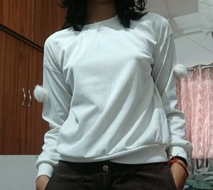 White Sweatshirt With Pom-pom Sleeves