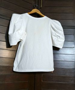 Midel Women White Puffed Sleeve Cotton Casual Top